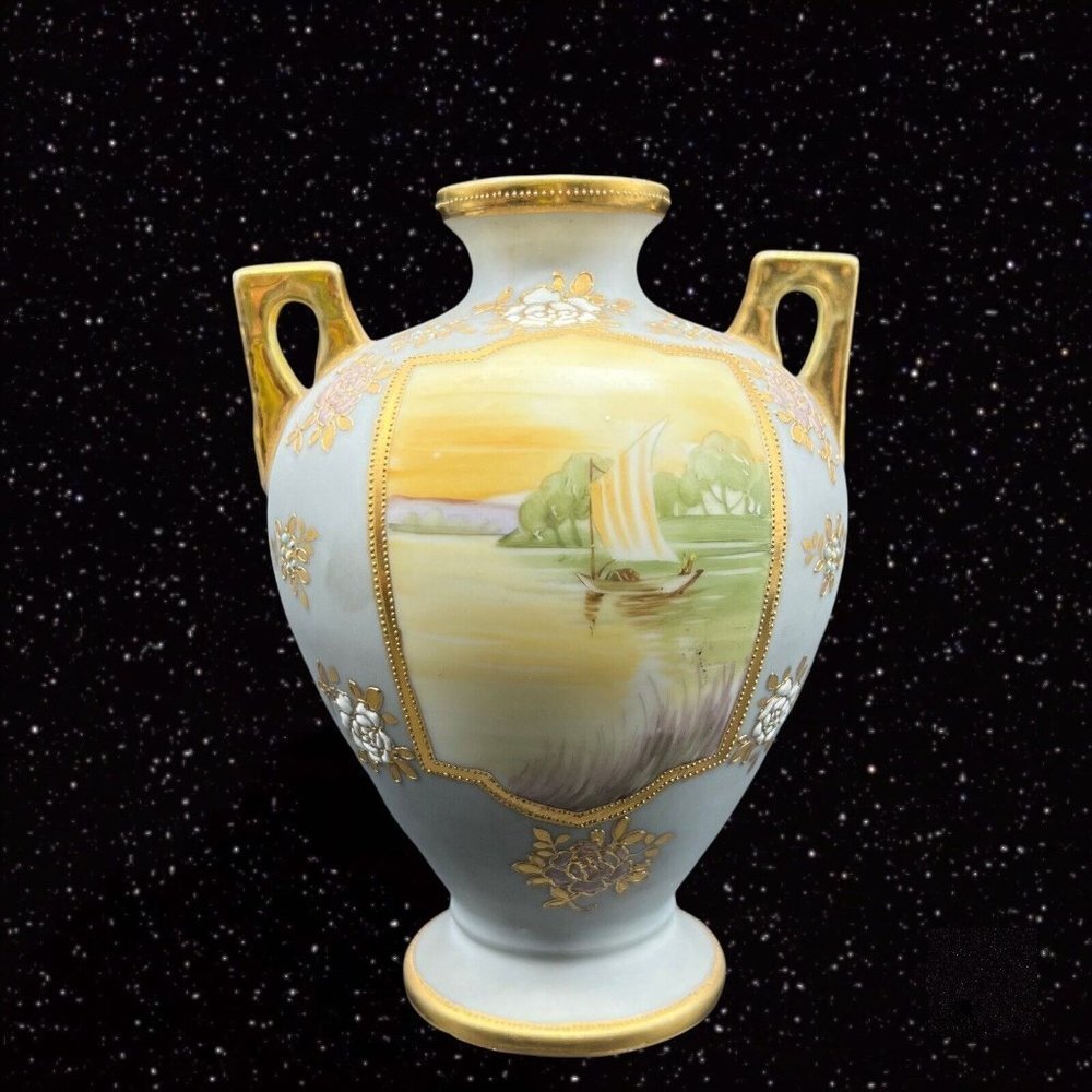 Antique‎ Porcelain Nippon Moriage Vase Golden Hand Painted Double Handled Boat - Picture 6 of 8